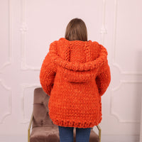 25 Strand Wool Alpaca Cardigan Coat, Extra Chunky Hooded Knit Jacket T2193