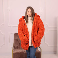 25 Strand Wool Alpaca Cardigan Coat, Extra Chunky Hooded Knit Jacket T2193