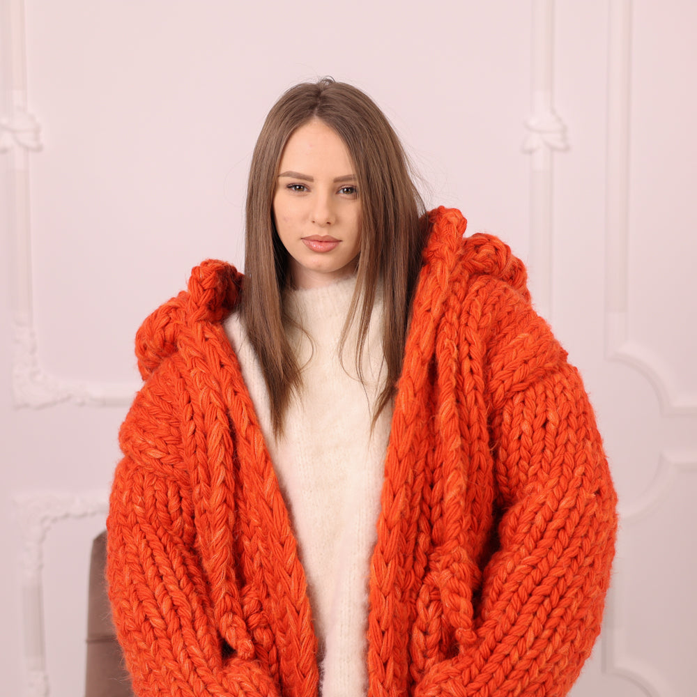 25 Strand Wool Alpaca Cardigan Coat, Extra Chunky Hooded Knit Jacket T2193