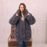 25 Strand Mohair Cardigan Coat, Extra Chunky Zip Sweater, Oversized Heavy Knit Jacket T2192