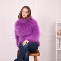 Fluffy Mohair Sweater, Chunky Oversized Turtleneck Knit, Purple Statement Pullover T2181