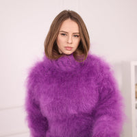 Fluffy Mohair Sweater, Chunky Oversized Turtleneck Knit, Purple Statement Pullover T2181