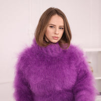 Fluffy Mohair Sweater, Chunky Oversized Turtleneck Knit, Purple Statement Pullover T2181