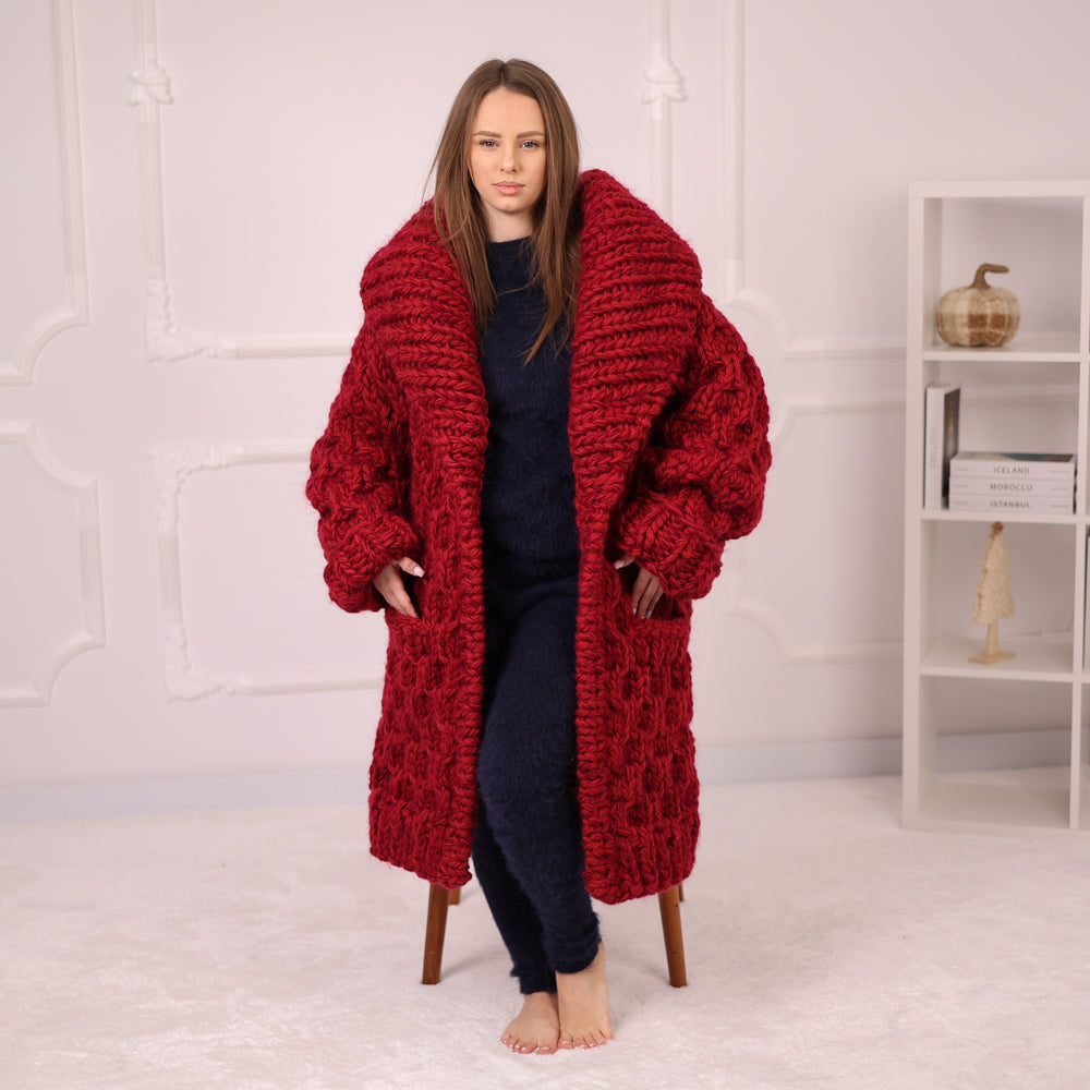 Extra Chunky Knit Cardigan Coat, Honeycomb Wool Mohair Sweater, Red Oversized Jacket T2191