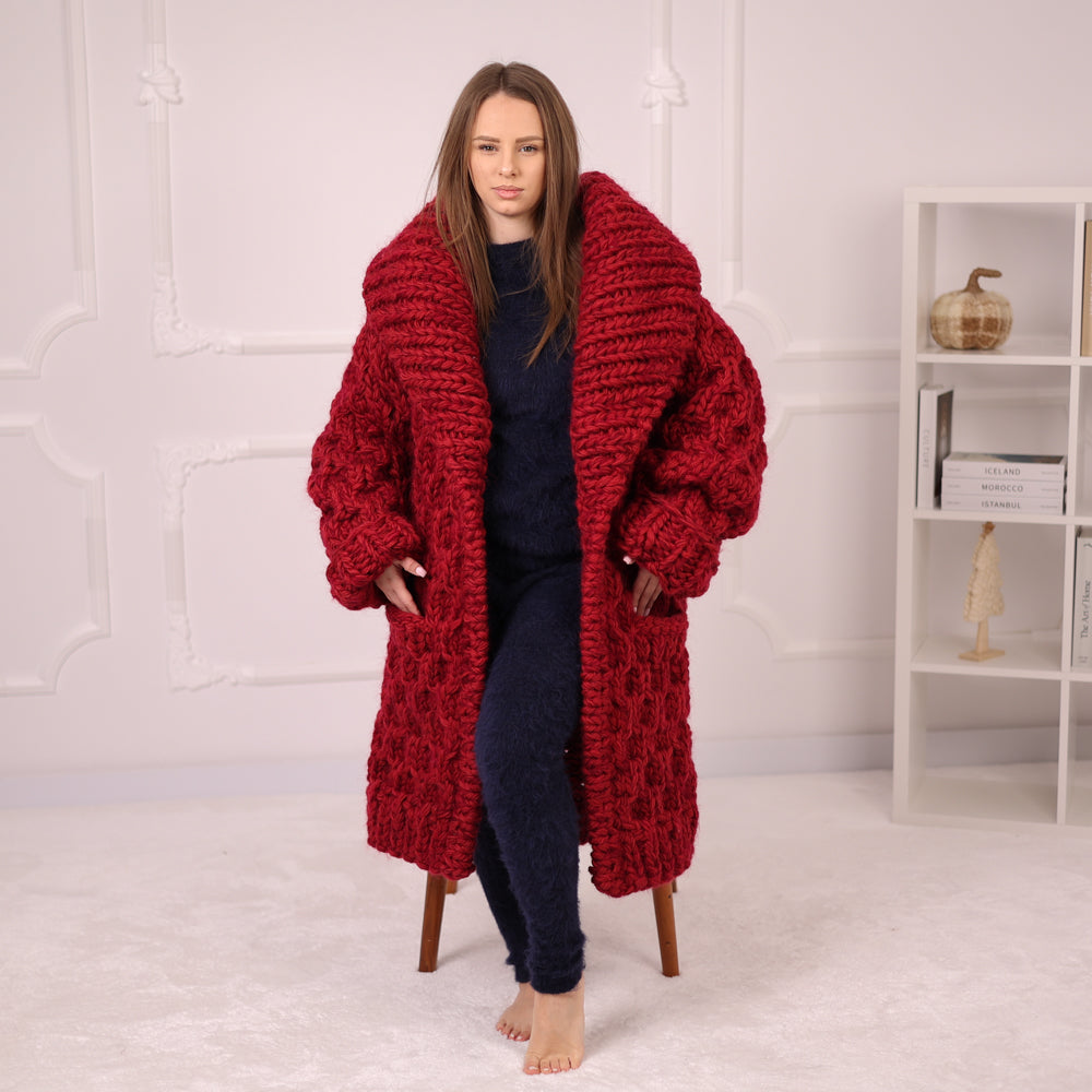 Extra Chunky Knit Cardigan Coat, Honeycomb Wool Mohair Sweater, Red Oversized Jacket T2191