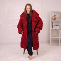 Extra Chunky Knit Cardigan Coat, Honeycomb Wool Mohair Sweater, Red Oversized Jacket T2191