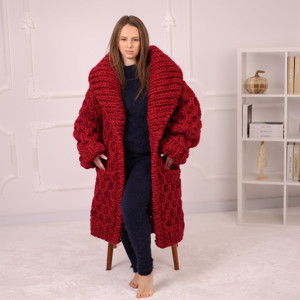 Extra Chunky Knit Cardigan Coat, Honeycomb Wool Mohair Sweater, Red Oversized Jacket T2191