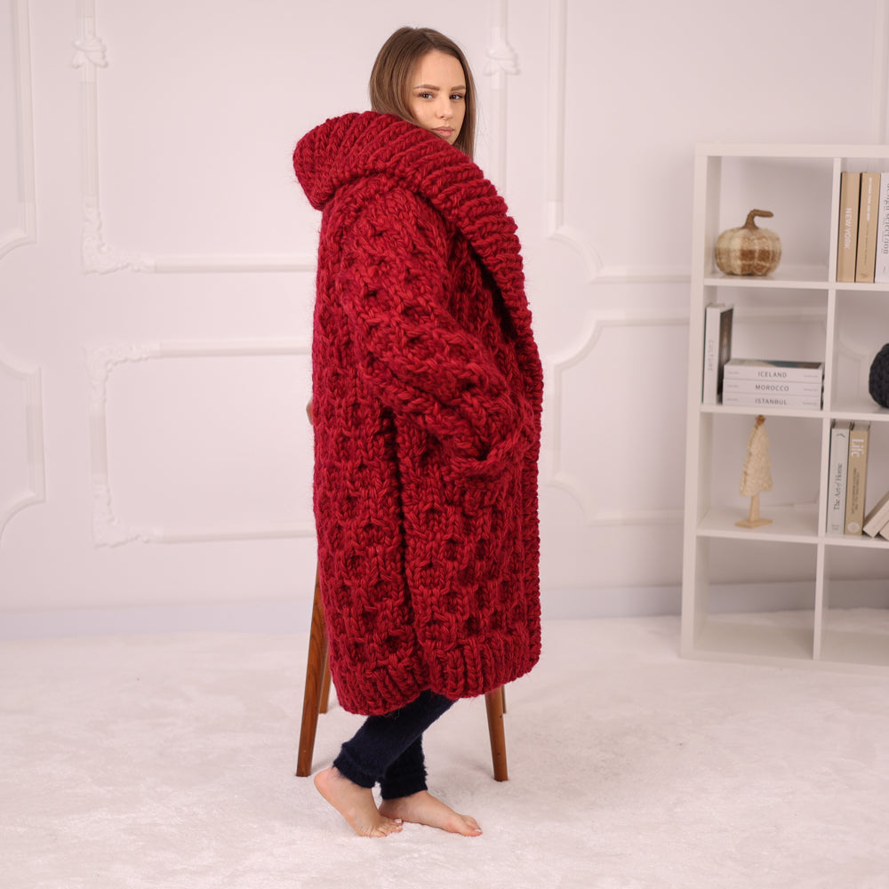 Extra Chunky Knit Cardigan Coat, Honeycomb Wool Mohair Sweater, Red Oversized Jacket T2191