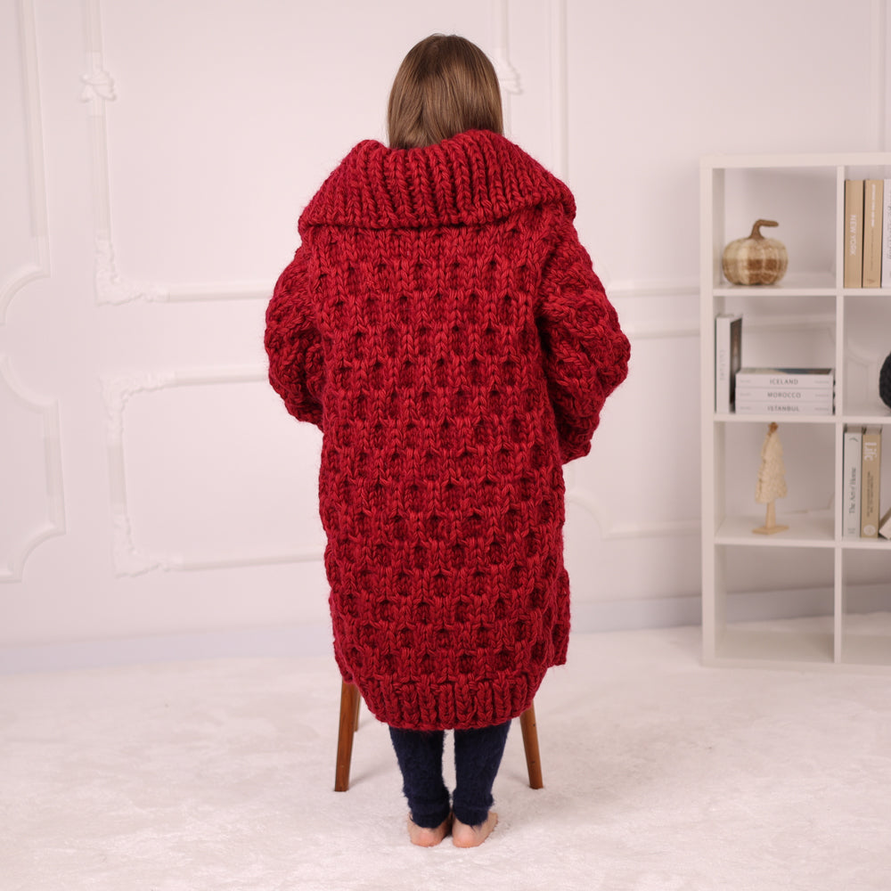 Extra Chunky Knit Cardigan Coat, Honeycomb Wool Mohair Sweater, Red Oversized Jacket T2191