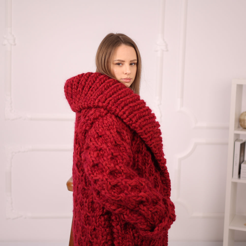Extra Chunky Knit Cardigan Coat, Honeycomb Wool Mohair Sweater, Red Oversized Jacket T2191