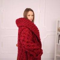 Extra Chunky Knit Cardigan Coat, Honeycomb Wool Mohair Sweater, Red Oversized Jacket T2191