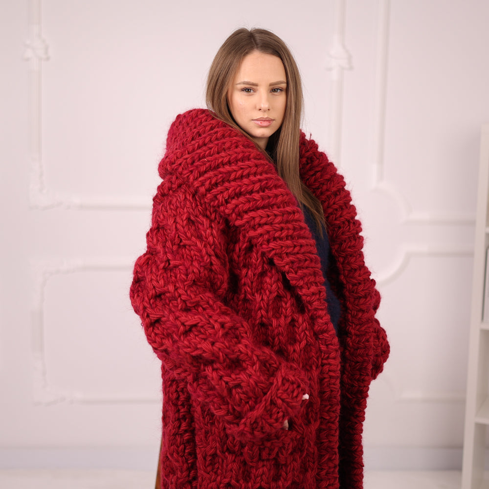 Extra Chunky Knit Cardigan Coat, Honeycomb Wool Mohair Sweater, Red Oversized Jacket T2191