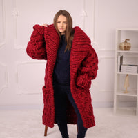 Extra Chunky Knit Cardigan Coat, Honeycomb Wool Mohair Sweater, Red Oversized Jacket T2191