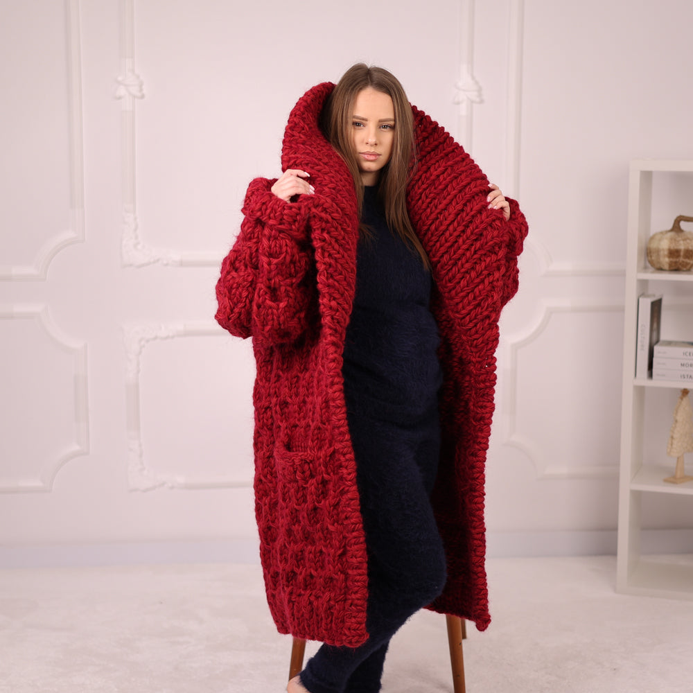 Extra Chunky Knit Cardigan Coat, Honeycomb Wool Mohair Sweater, Red Oversized Jacket T2191