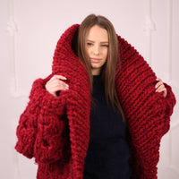 Extra Chunky Knit Cardigan Coat, Honeycomb Wool Mohair Sweater, Red Oversized Jacket T2191