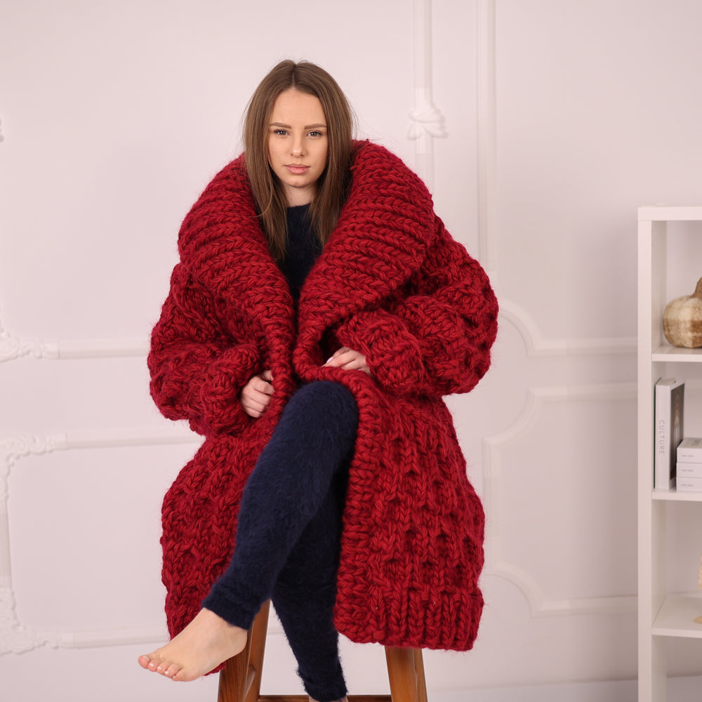 Extra Chunky Knit Cardigan Coat, Honeycomb Wool Mohair Sweater, Red Oversized Jacket T2191