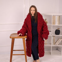 Extra Chunky Knit Cardigan Coat, Honeycomb Wool Mohair Sweater, Red Oversized Jacket T2191
