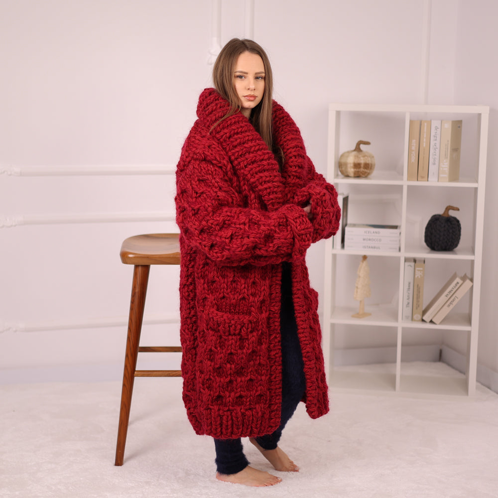 Extra Chunky Knit Cardigan Coat, Honeycomb Wool Mohair Sweater, Red Oversized Jacket T2191