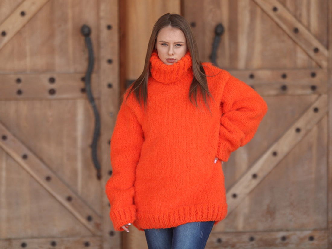 Neon Orange Alpaca Sweater, 15 Strand Knit, Soft Fluffy Texture, Chunky Turtleneck Fit T2215