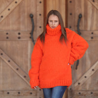 Neon Orange Alpaca Sweater, 15 Strand Knit, Soft Fluffy Texture, Chunky Turtleneck Fit T2215
