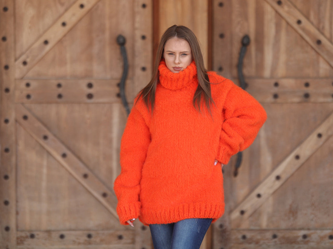 One available in size 3XL, Neon Orange Alpaca Sweater, 15 Strand Knit Turtleneck T2215