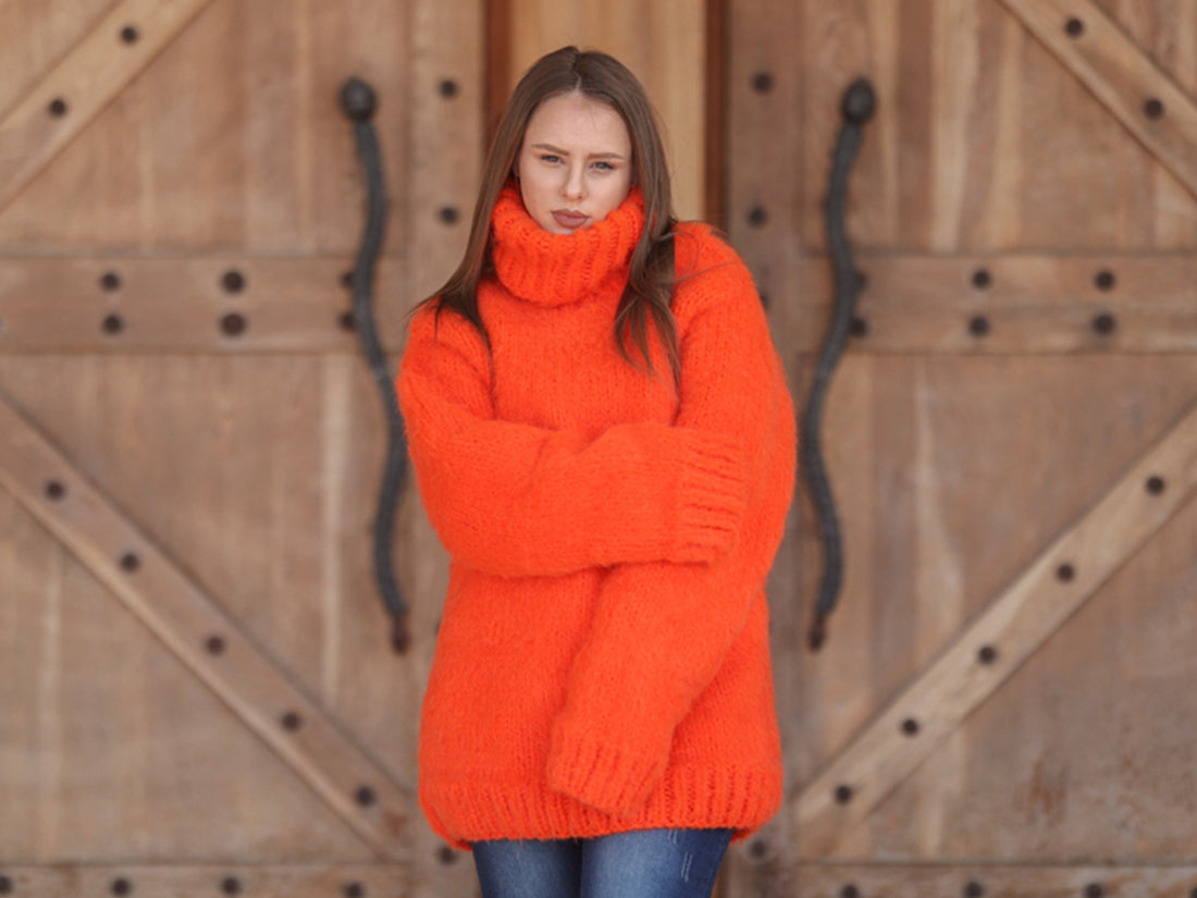 One available in size 3XL, Neon Orange Alpaca Sweater, 15 Strand Knit Turtleneck T2215