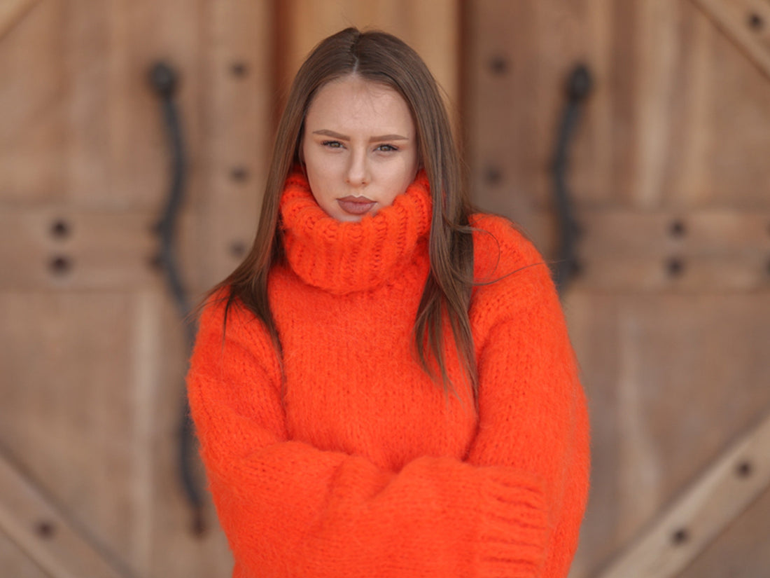 One available in size 3XL, Neon Orange Alpaca Sweater, 15 Strand Knit Turtleneck T2215