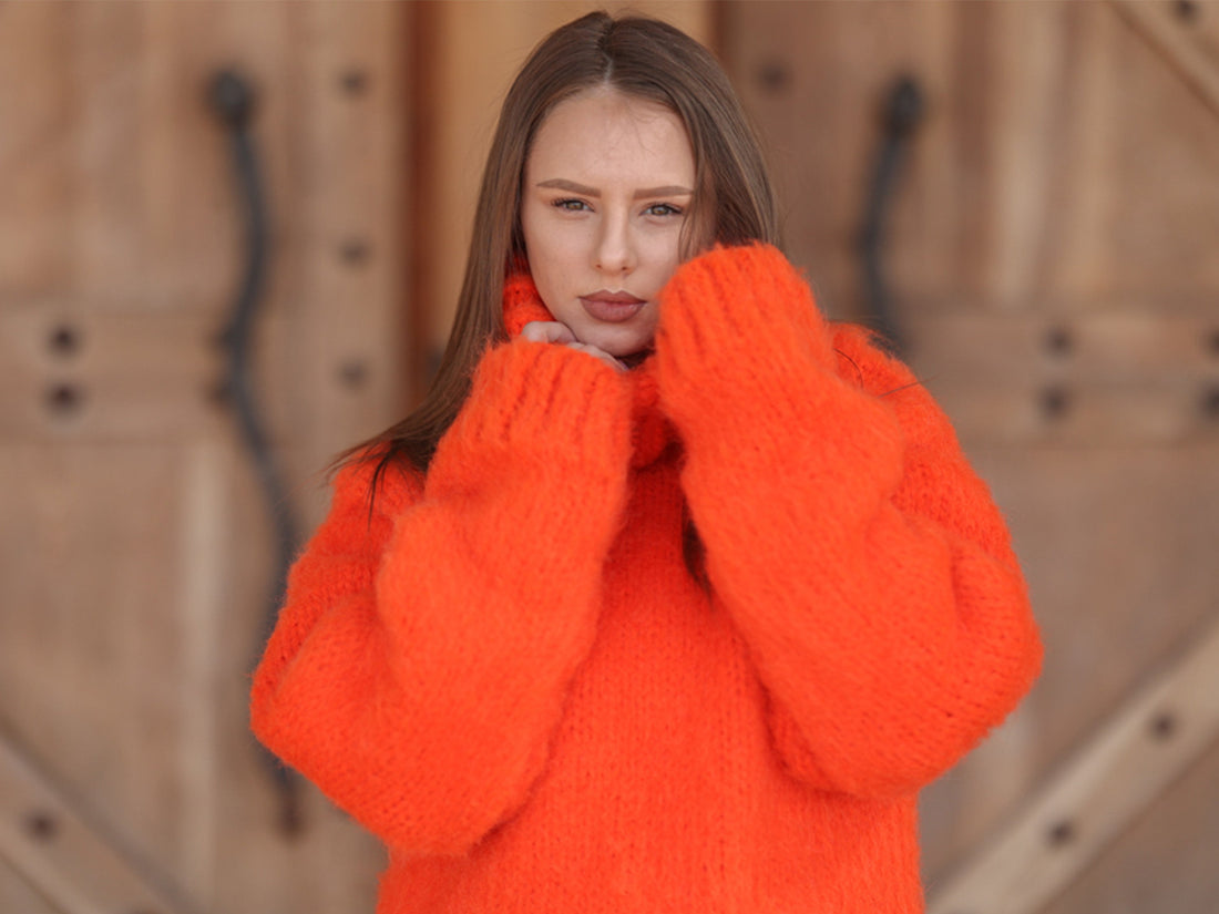 One available in size 3XL, Neon Orange Alpaca Sweater, 15 Strand Knit Turtleneck T2215