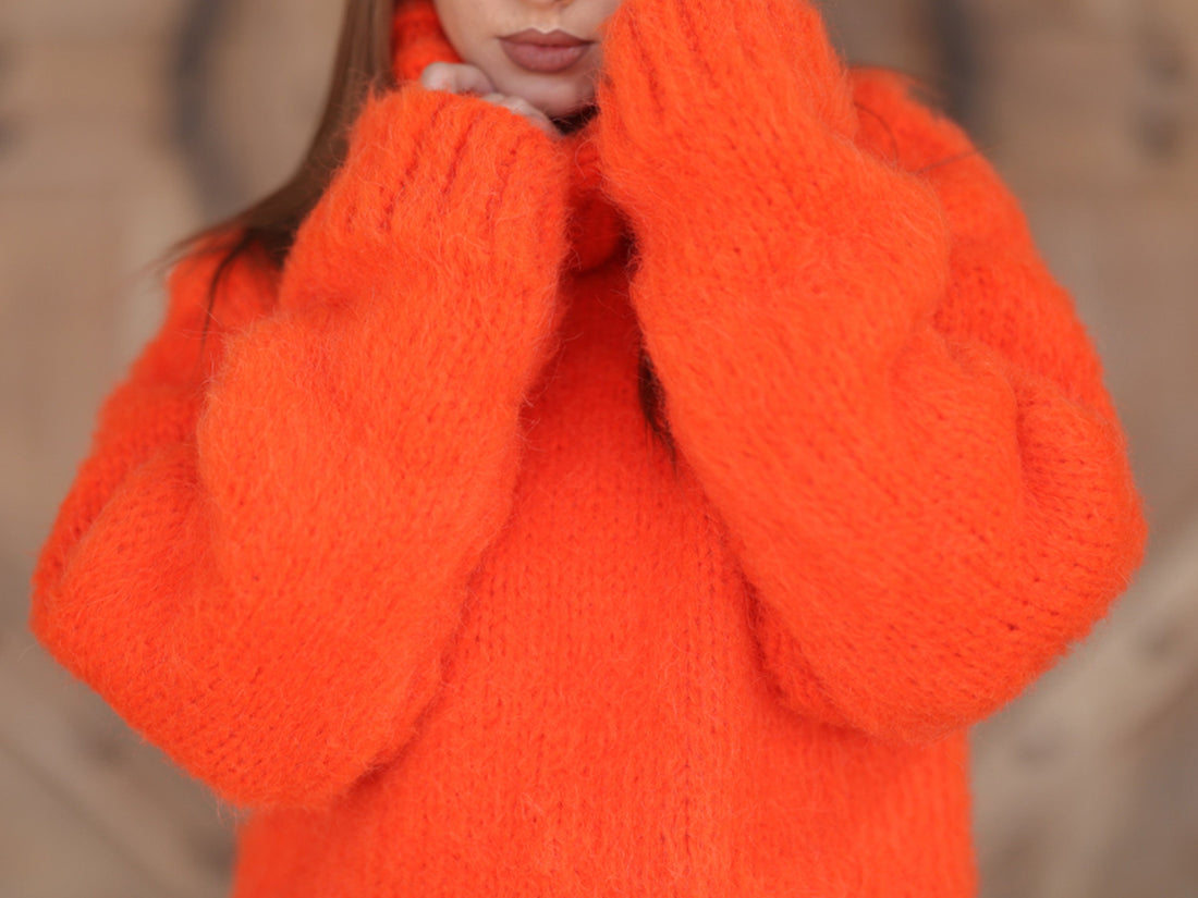 Neon Orange Alpaca Sweater, 15 Strand Knit, Soft Fluffy Texture, Chunky Turtleneck Fit T2215