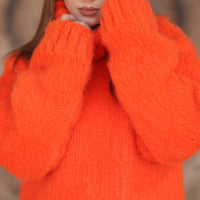 Neon Orange Alpaca Sweater, 15 Strand Knit, Soft Fluffy Texture, Chunky Turtleneck Fit T2215