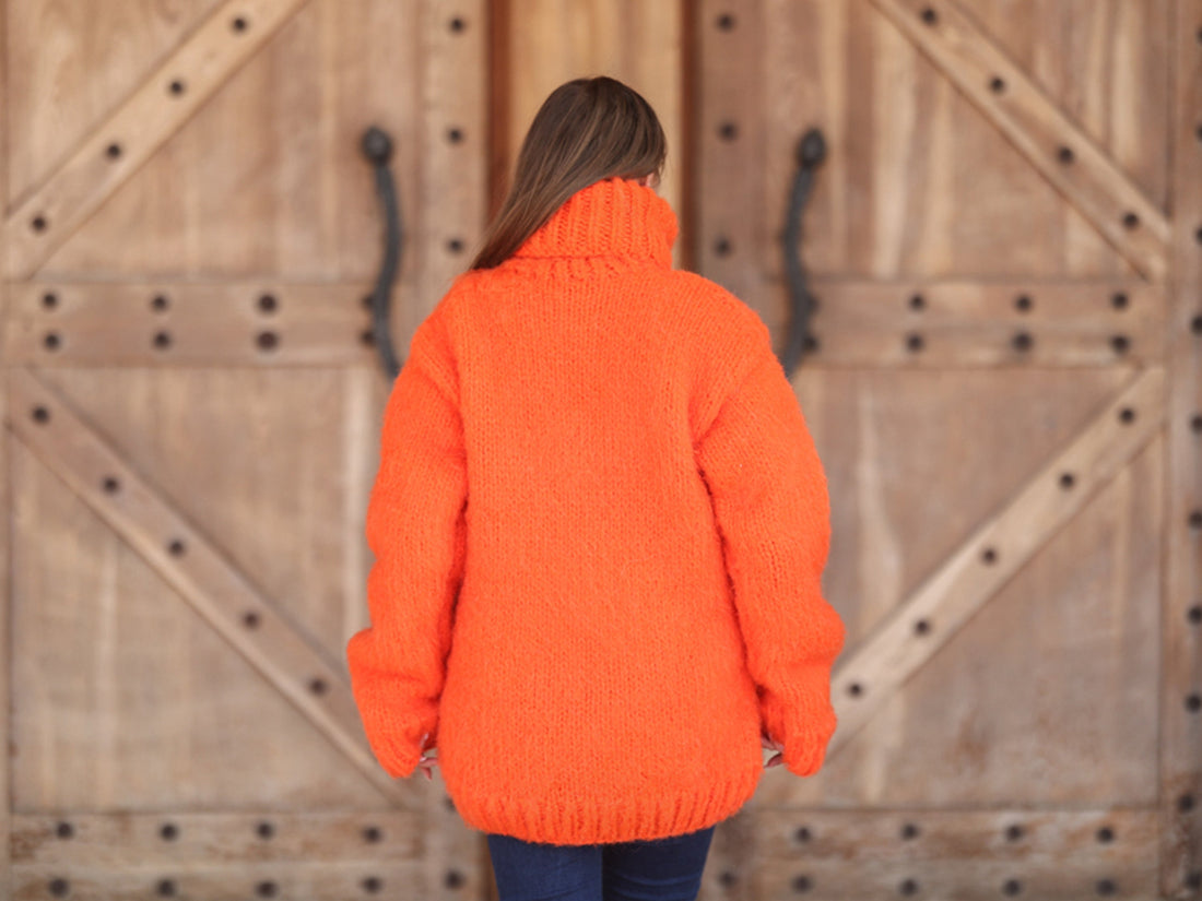Neon Orange Alpaca Sweater, 15 Strand Knit, Soft Fluffy Texture, Chunky Turtleneck Fit T2215