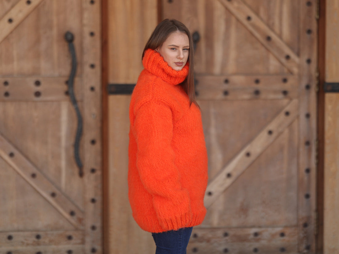Neon Orange Alpaca Sweater, 15 Strand Knit, Soft Fluffy Texture, Chunky Turtleneck Fit T2215