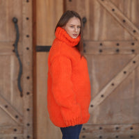 One available in size 3XL, Neon Orange Alpaca Sweater, 15 Strand Knit Turtleneck T2215