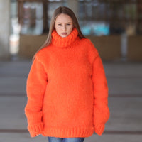 One available in size 3XL, Neon Orange Alpaca Sweater, 15 Strand Knit Turtleneck T2215