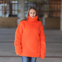 Neon Orange Alpaca Sweater, 15 Strand Knit, Soft Fluffy Texture, Chunky Turtleneck Fit T2215