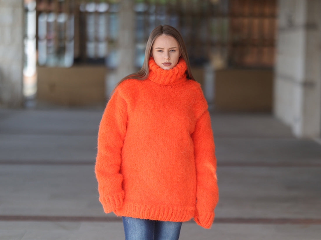 One available in size 3XL, Neon Orange Alpaca Sweater, 15 Strand Knit Turtleneck T2215