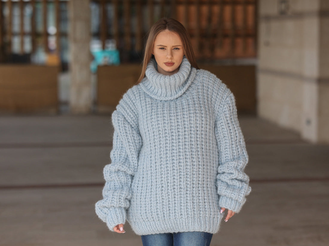 One available in size 7XL,Blue Alpaca Sweater, 15 Strand English Rib Knit, Oversized Fit T2221