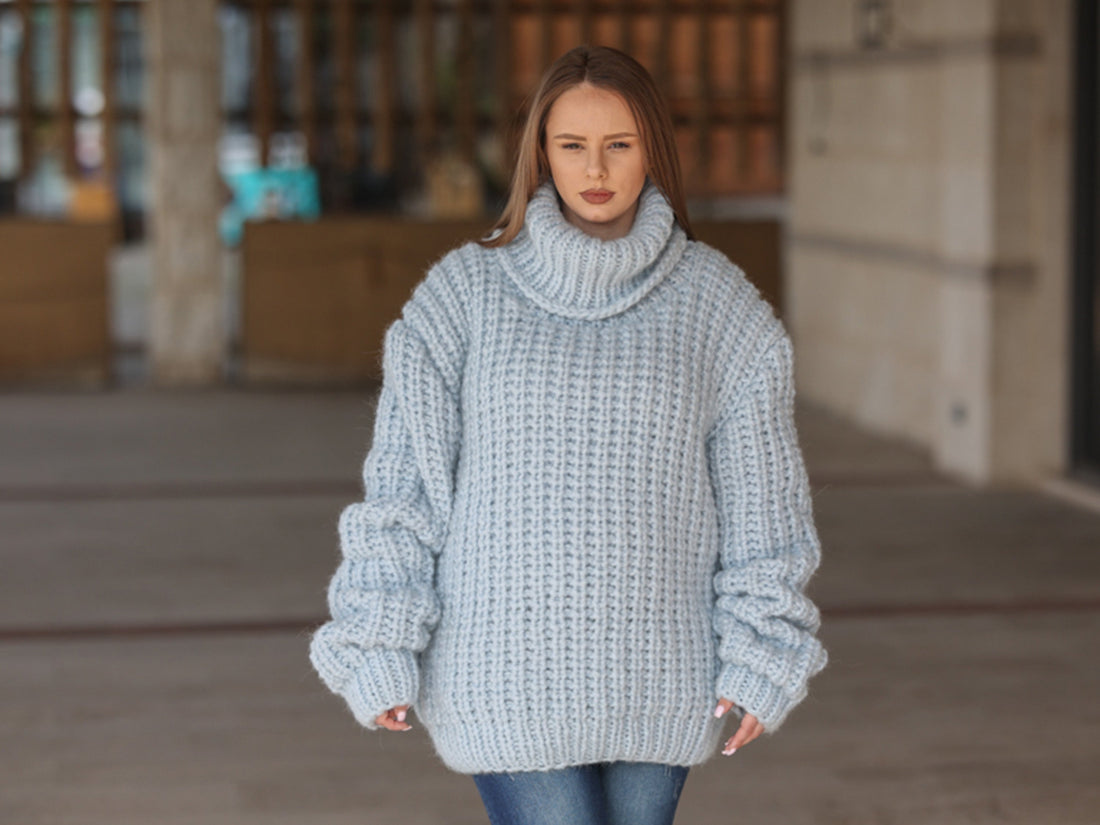 Blue Alpaca Sweater, 15 Strand English Rib Knit, Oversized Fit T2221