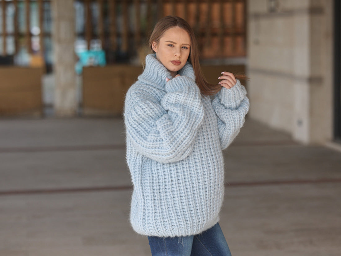 One available in size 7XL,Blue Alpaca Sweater, 15 Strand English Rib Knit, Oversized Fit T2221