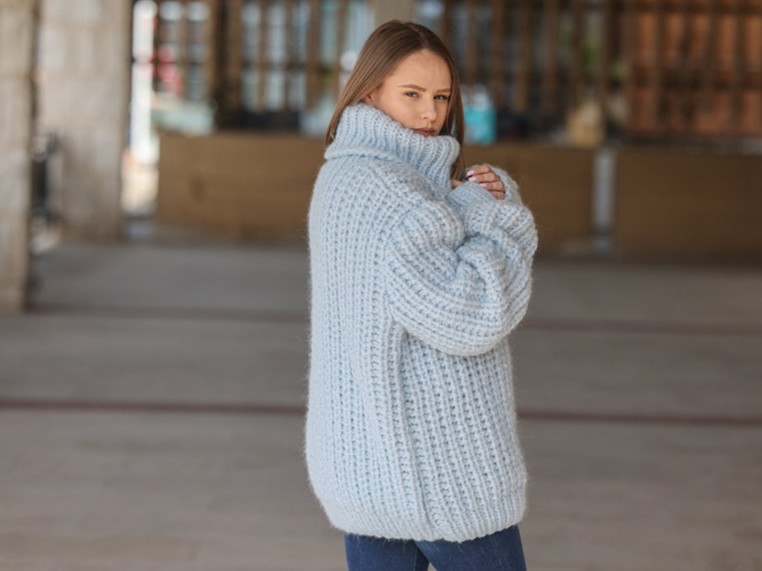 One available in size 7XL,Blue Alpaca Sweater, 15 Strand English Rib Knit, Oversized Fit T2221