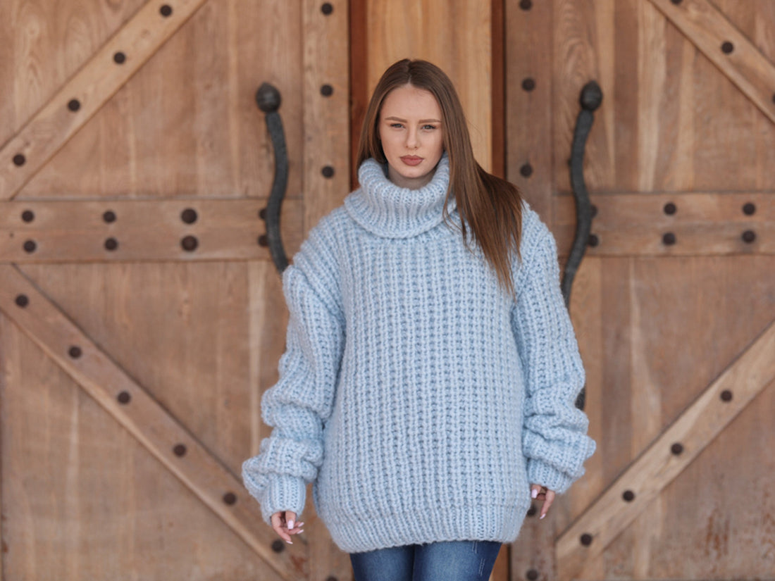 Blue Alpaca Sweater, 15 Strand English Rib Knit, Oversized Fit T2221