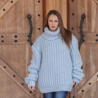 One available in size 7XL,Blue Alpaca Sweater, 15 Strand English Rib Knit, Oversized Fit T2221