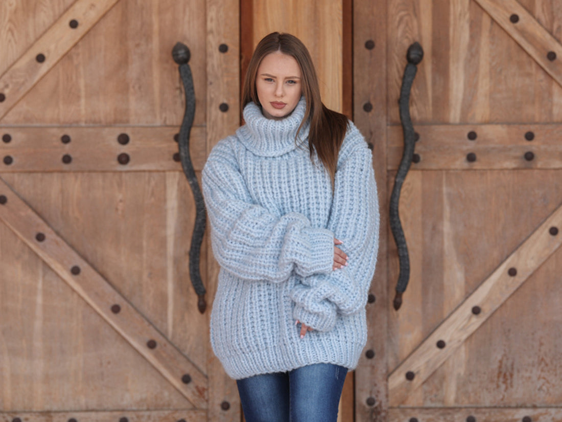 One available in size 7XL,Blue Alpaca Sweater, 15 Strand English Rib Knit, Oversized Fit T2221