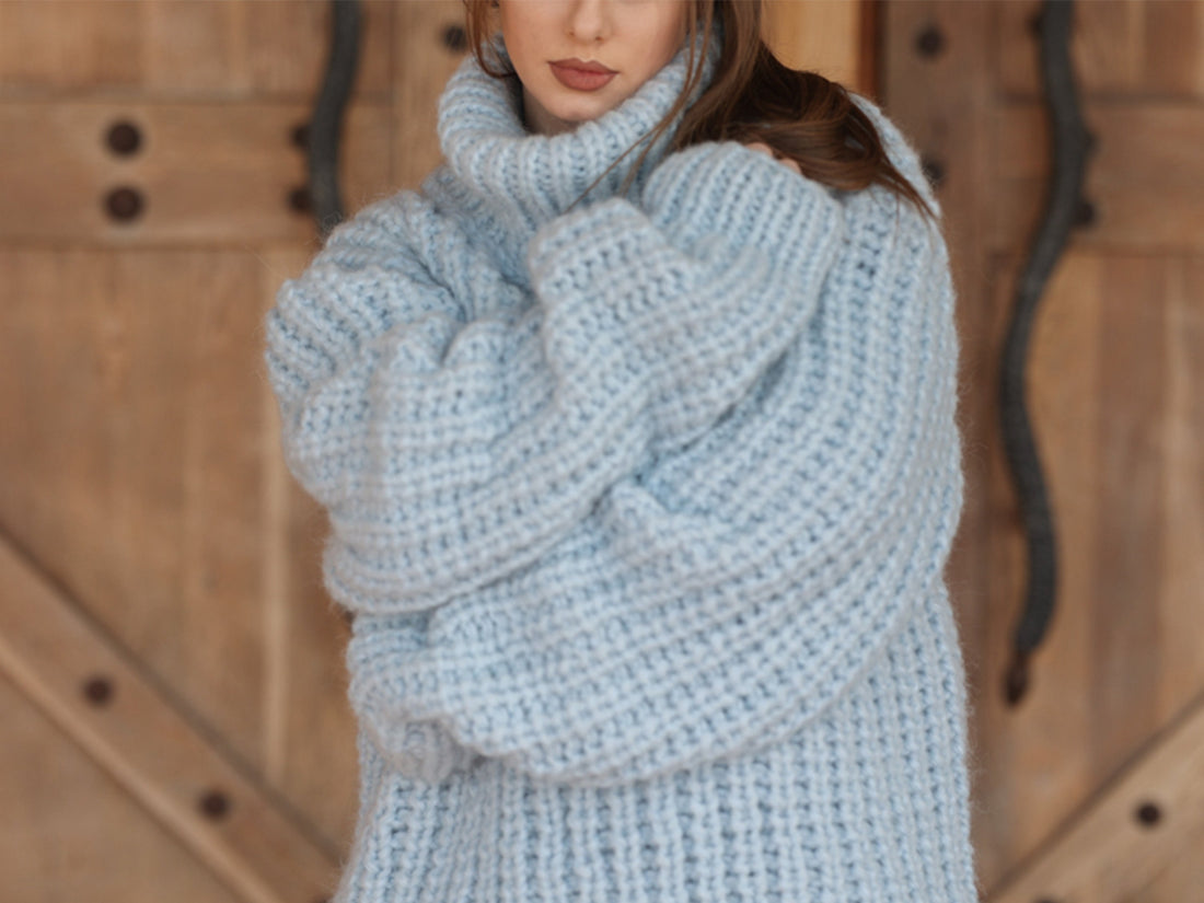 Blue Alpaca Sweater, 15 Strand English Rib Knit, Oversized Fit T2221