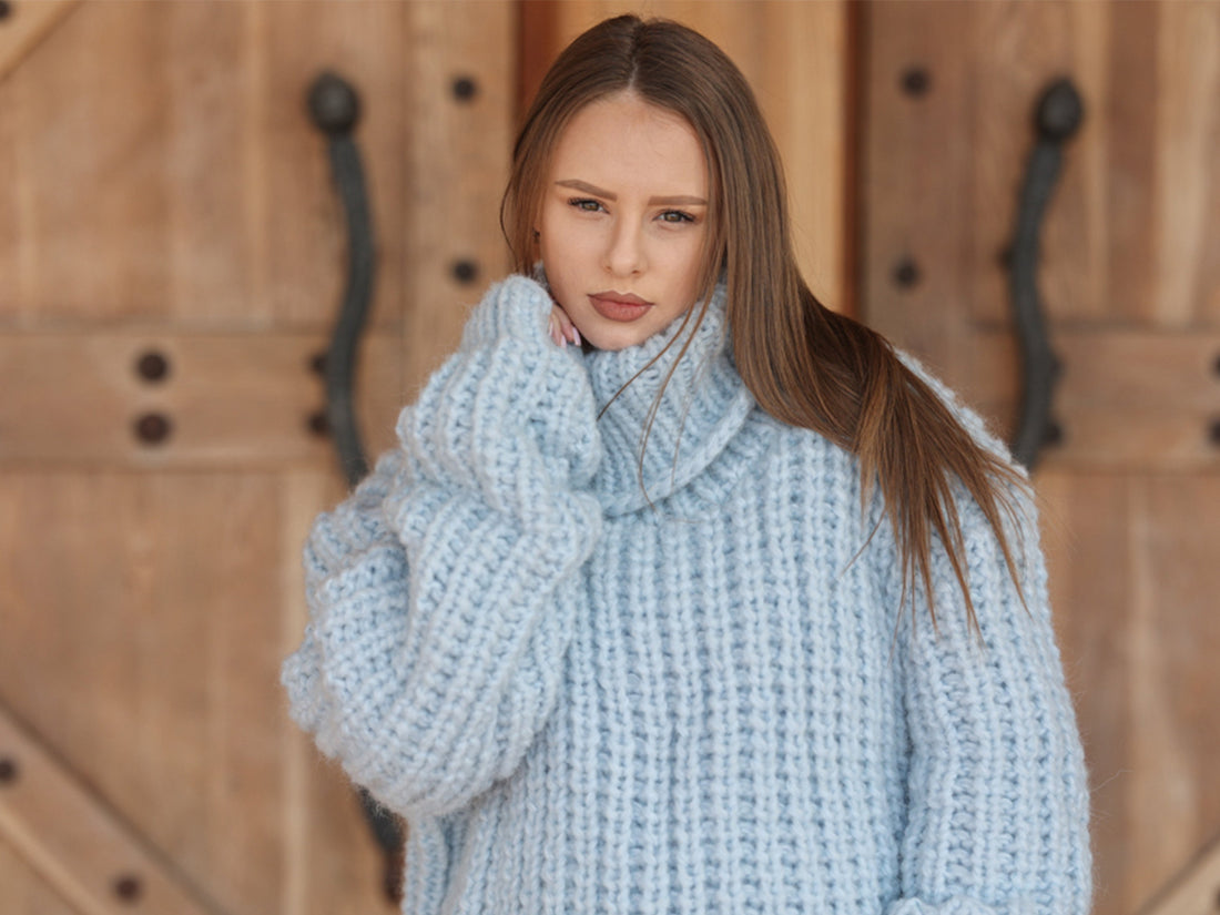 One available in size 7XL,Blue Alpaca Sweater, 15 Strand English Rib Knit, Oversized Fit T2221