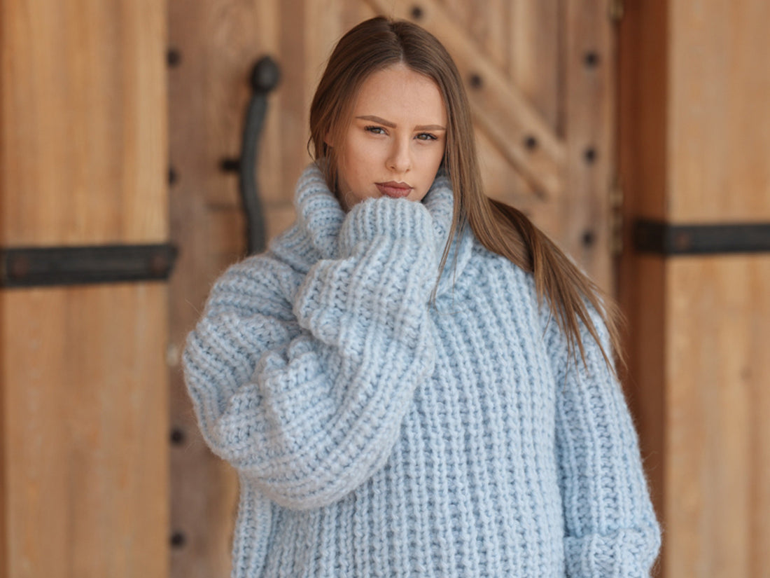 One available in size 7XL,Blue Alpaca Sweater, 15 Strand English Rib Knit, Oversized Fit T2221