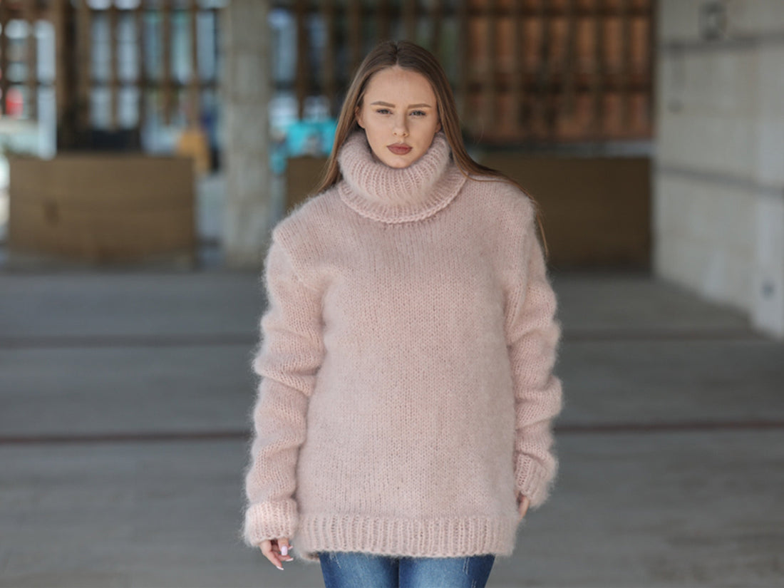 Kid Mohair Turtleneck Sweater, 10 Strand Knit, Fluffy Texture, Hand Knitted Soft Fit T2216
