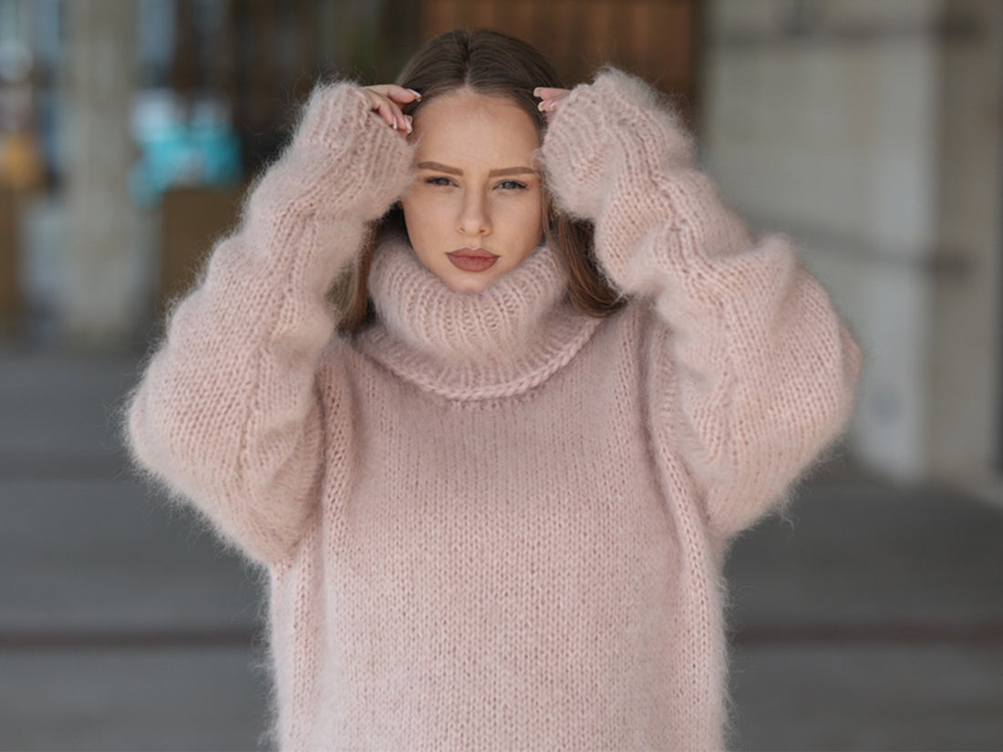 Kid Mohair Turtleneck Sweater, 10 Strand Knit, Fluffy Texture, Hand Knitted Soft Fit T2216