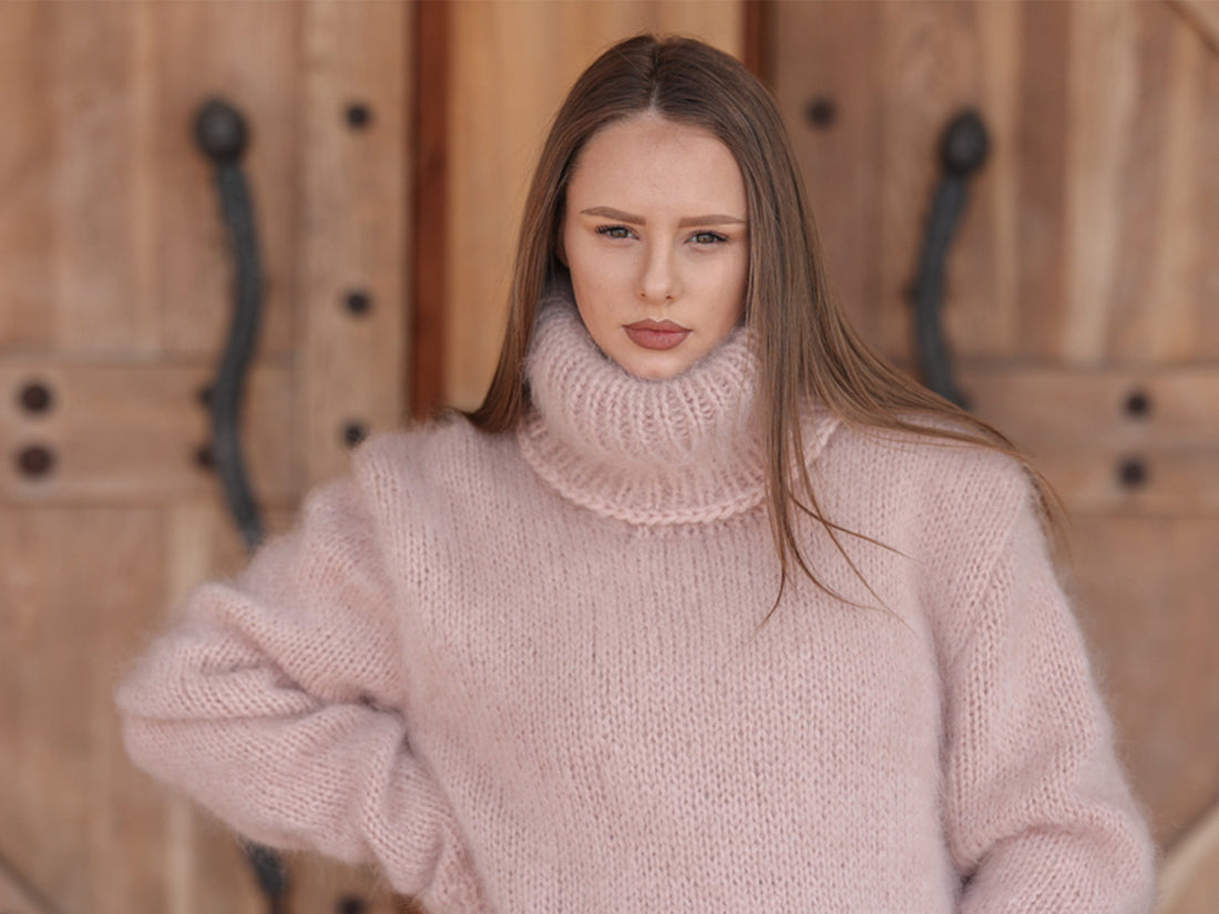 Kid Mohair Turtleneck Sweater, 10 Strand Knit, Fluffy Texture, Hand Knitted Soft Fit T2216