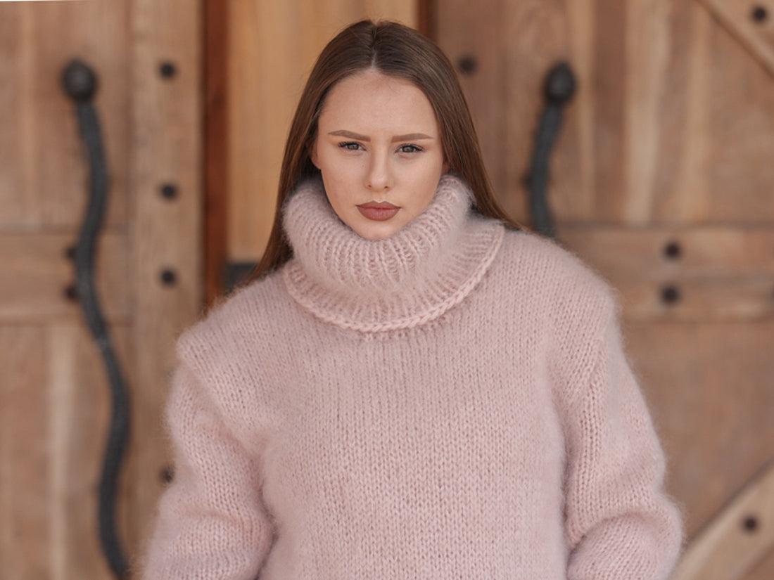 Kid Mohair Turtleneck Sweater, 10 Strand Knit, Fluffy Texture, Hand Knitted Soft Fit T2216